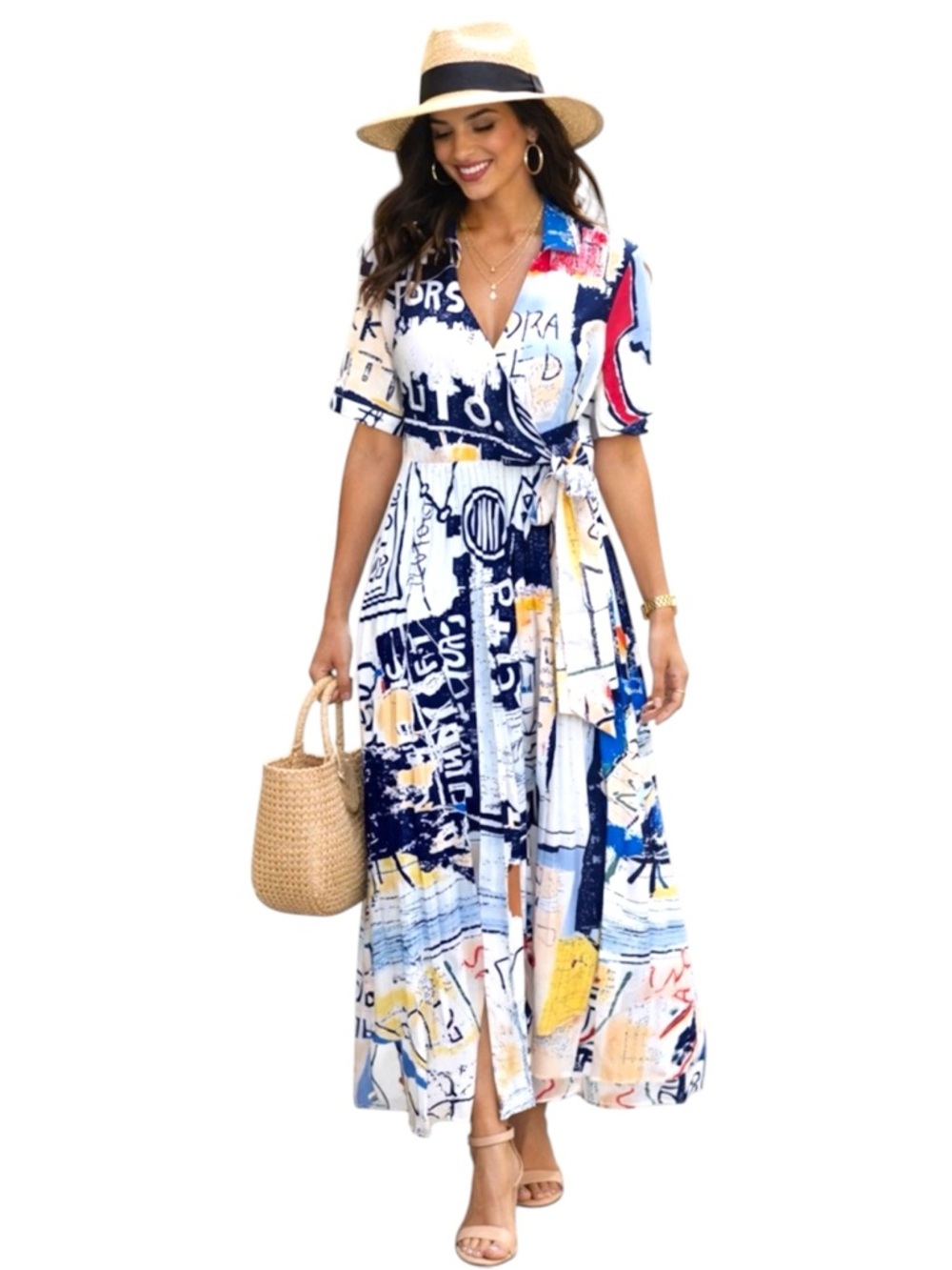 WHY DRESS Graffiti Print Faux Wrap Maxi Dress L